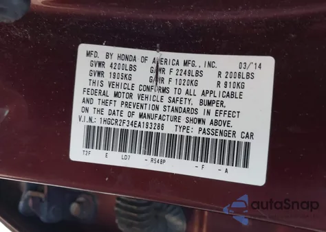 2014 Honda Accord Lx из США, поврежденный, VIN 1HGCR2F34EA193286